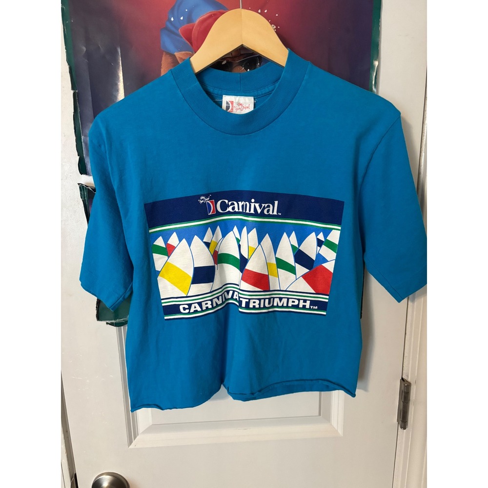Vintage Carnival Cruise Line Triumph Graphic T-Shirt Blue Cropped Women Medium